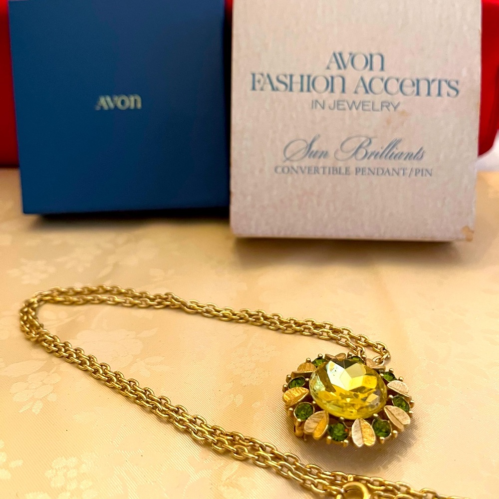 Avon Gold and Yellow Convertible Brooch and Necklace with Green Accents
